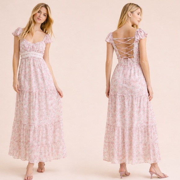 Altar'd State Dresses & Skirts - Altar’d State Pink Floral Lace-Up Back Maxi Dress NWT Small